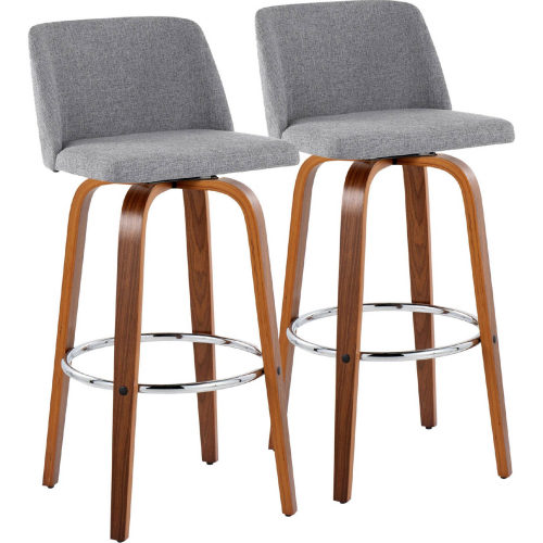 Toriano 30" Swivel Bar Stool in Walnut Wood & Grey Fabric with Chrome Footrest (Set of 2)